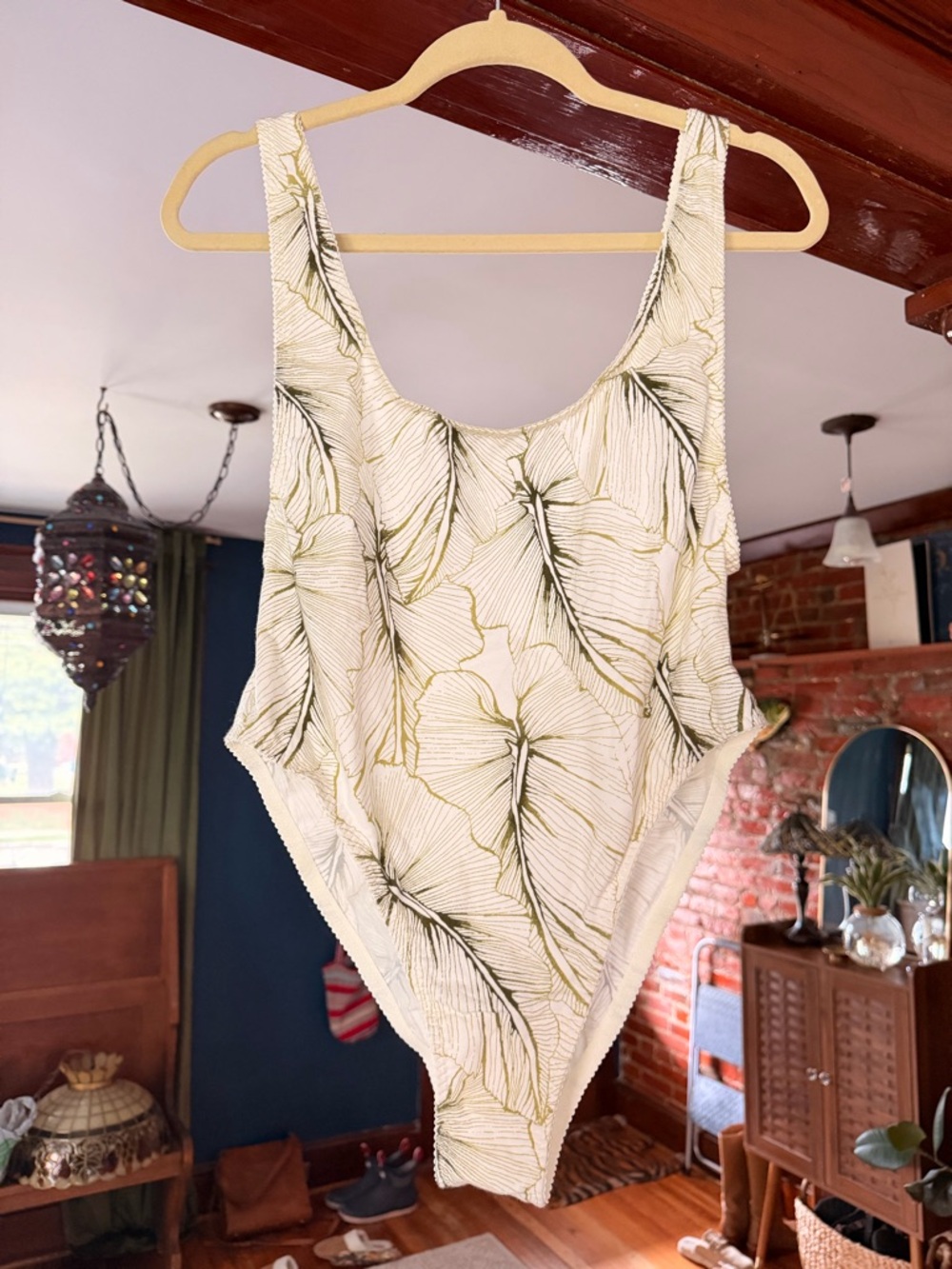 Free People White One-Piece with Olive Floral Print